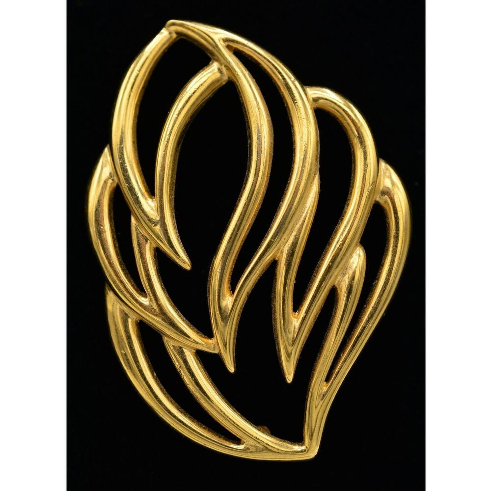 Monet Vintage Leaf Pin Brooch Gold Tone Abstract Flame Bold Signed 1980s Bin7